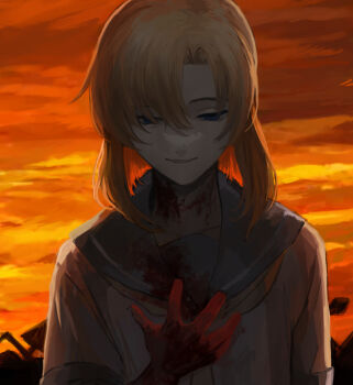 Rule 34 | 1girl, backlighting, blood, blood on clothes, blood on hands, blood splatter, blue eyes, commentary request, highres, higurashi no naku koro ni, junkyard, nasu (nasuotabe), orange hair, orange sky, ryuuguu rena, sailor collar, school uniform, shirt, short hair, sky, smile, solo, white shirt