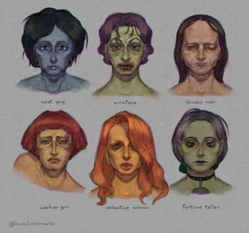 3boys 3girls absurdres adam&#039;s_apple androgynous bags_under_eyes blinded_man_(no_i&#039;m_not_a_human) blood blood_on_face bloodshot_eyes blue_skin blunt_bangs bob_cut cashier_girl_(no_i&#039;m_not_a_human) choker closed_mouth coat_guy_(no_i&#039;m_not_a_human) colored_skin earrings eye_socket fortune_teller_(no_i&#039;m_not_a_human) frown frown_lines green_skin guro hair_over_one_eye highres injury jewelry jowls kaputuummorta lips long_hair looking_at_viewer mature_female mature_male messy_hair multiple_boys multiple_girls no_i&#039;m_not_a_human nose one_eye_closed orange_hair plug_(piercing) seductive_woman_(no_i&#039;m_not_a_human) short_hair single_earring smile_lines stitched_mouth stitches straight_hair tareme wavy_hair wireface_(no_i&#039;m_not_a_human) wrinkled_skin