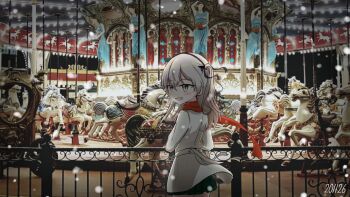 1girl bad_id bad_pixiv_id black_ribbon black_skirt blush brown_eyes carousel casual coat commentary_request dated from_behind girls_und_panzer hair_ribbon highres kiroshi korean_commentary light_brown_hair long_hair long_sleeves looking_at_viewer looking_back miniskirt night one_side_up open_mouth outdoors photo_background pleated_skirt railing red_scarf ribbon scarf shimada_arisu skirt smile snowing solo standing white_coat wind winter_clothes