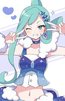 1girl ;d absurdres arm_warmers blue_choker blush choker crop_top diamond_earrings double_inward_v double_v earrings fang green_eyes green_hair hair_ornament heart highres jewelry lisia_(pokemon) looking_at_viewer midriff navel nintendo one_eye_closed open_mouth piyo_to_game pokemon pokemon_oras smile solo teeth upper_body v