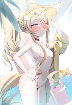 1girl above-cleavage_cutout absurdres adjusting_clothes adjusting_headwear adjusting_swimsuit animal_ear_fluff animal_ears bare_arms bare_shoulders blonde_hair blue_archive blush breasts cameltoe chingo_(pixiv8584617) closed_mouth clothing_cutout covered_erect_nipples covered_navel cross_halo diamond_cutout dot_mouth dot_nose ear_wreath eyes_visible_through_hair forehead fox_ears fox_girl fox_tail hair_over_one_eye halo hand_up highleg highleg_one-piece_swimsuit highres jacket loli long_hair long_sidelocks long_sleeves looking_at_viewer nose_blush off_shoulder official_alternate_costume official_alternate_hairstyle one-piece_swimsuit orange-tinted_eyewear outdoors seia_(blue_archive) seia_(swimsuit)_(blue_archive) side_ponytail small_breasts solo star_ornament sunglasses swimsuit tail tail_ornament thighs tinted_eyewear very_long_hair very_long_sidelocks very_long_tail visor_cap wet wet_clothes white_one-piece_swimsuit wide_sleeves yellow_halo yellow_jacket yellow_visor