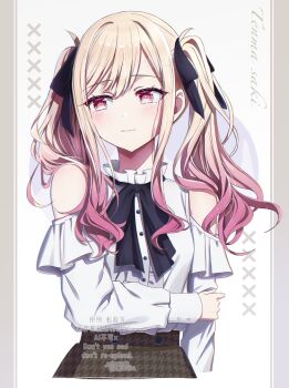 1girl 1other black_bow black_ribbon blonde_hair blush bow do_while02 gradient_hair hair_ribbon highres long_hair looking_to_the_side multicolored_hair pink_eyes pink_hair project_sekai ribbon shirt skirt solo tenma_saki twintails white_shirt