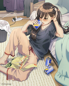 1girl artist_name bed black_shirt blush brown_hair can electrical_outlet feet_out_of_frame female_focus hand_in_own_hair highres ichimi_renge long_hair open_mouth original pants pink_pants plug power_strip shadow shirt short_sleeves sitting solo trash_can twitter_username