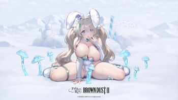 1girl :3 absurdres animal_ear_hairband animal_ears arm_support bare_shoulders blue_eyes blush bow breasts brown_dust_(series) brown_dust_2 cleavage closed_mouth collarbone commentary covered_navel detached_sleeves fake_animal_ears full_body fur_collar fur_leg_warmers green_ribbon hair_between_eyes hair_ornament hairband highleg highleg_leotard highres large_breasts leg_warmers leotard long_hair mountainous_horizon mushroom official_alternate_costume official_art official_wallpaper outdoors phallic_symbol playboy_bunny pom_pom_(clothes) pom_pom_hair_ornament rabbit_ear_hairband rabbit_ears rabbit_hair_ornament ribbed_sleeves ribbon shadow shoes sidelocks sitting skindentation snow snowman solo strapless strapless_leotard thigh_strap twintails tyr_(brown_dust) wariza white_bow white_leotard white_shoes white_sleeves