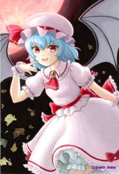 1girl ascot awo_neo back_bow bat_wings bloomers blue_hair bow brooch collared_shirt commentary_request fang frilled_shirt_collar frills hat hat_ribbon jewelry mob_cap moon pink_hat pink_shirt pink_skirt puffy_short_sleeves puffy_sleeves red_ascot red_bow red_eyes red_moon remilia_scarlet ribbon shirt short_sleeves skin_fang skirt solo touhou traditional_media twitter_username underwear white_bloomers wings wrist_cuffs