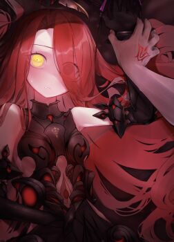 1boy 1girl armor armored_dress bare_shoulders black_armor black_dress black_eyes blush breasts command_spell dress fate/grand_order fate_(series) faulds fujimaru_ritsuka_(male) gauntlets hair_between_eyes heterochromia highres long_hair looking_at_viewer lying on_back red_hair small_breasts textless_version typhon_ephemeros_(black_armor)_(fate) typhon_ephemeros_(fate) very_long_hair yellow_eyes yubeshi_(zecxl)