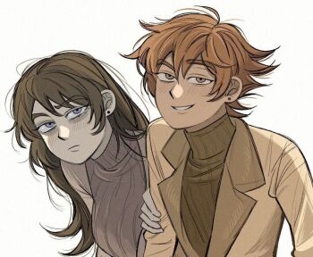 1boy 1girl abaddon_(haunted_hotel) aged_up blue_eyes brown_coat brown_eyes brown_hair brown_sweater coat commentary_request esther_freeling genderswap genderswap_(ftm) genderswap_(mtf) hand_on_another's_arm haunted_hotel korean_commentary lifeisassholee long_hair looking_at_viewer orange_hair short_hair simple_background sweater turtleneck turtleneck_sweater upper_body white_background