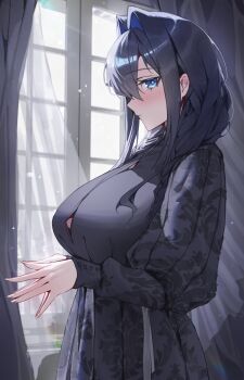 1girl absurdres black_dress blue_eyes blue_hair blush braid breasts button_gap closed_mouth commentary curtains dress embroidered_dress english_commentary glance hair_between_eyes hair_intakes hair_over_shoulder highres hololive hololive_english huge_breasts indoors juliet_sleeves long_dress long_hair long_sleeves looking_at_viewer low_twin_braids official_alternate_costume official_alternate_hairstyle ouro_kronii ouro_kronii_(maid) puffy_sleeves sidelocks solo twin_braids virtual_youtuber window yoellim5