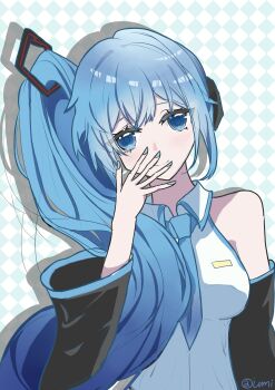 1girl absurdres argyle_background bare_shoulders black_sleeves blue_background blue_eyes blue_hair blue_nails blue_necktie breast_pocket breasts chinese_commentary closed_mouth collared_shirt commentary_request detached_sleeves eyelashes hair_ornament hair_over_shoulder hand_on_own_face happy hatsune_miku hatsune_miku_(noodle_stopper) head_tilt headphones highres large_breasts long_hair long_sleeves looking_at_viewer meme nail_polish necktie pocket shadow shirt side_ponytail sidetail_miku_noodle_stopper_(meme) signature sleeveless sleeveless_shirt smile solo two-tone_background upper_body very_long_hair vocaloid wavy_hair white_background white_shirt wide_sleeves youmi86324