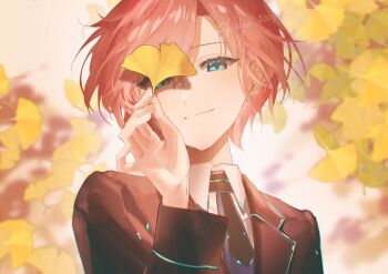 1girl aqua_eyes artist_name autumn autumn_leaves blazer commentary_request highres holding holding_leaf jacket leaf light_smile looking_at_viewer necktie nijisanji pink_hair shikiya_0025 short_hair short_necktie signature solo virtual_youtuber yuuhi_riri yuuhi_riri_(1st_costume)