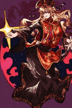 1girl absurdres black_hat black_robe blonde_hair dalachi_(headdress) hands_up hat highres junko_(touhou) long_hair long_sleeves oftooon parted_lips purple_background red_eyes red_tabard robe smile solo tabard touhou very_long_hair wide_sleeves