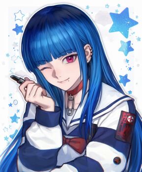 Rule 34 | 1girl, alternate hairstyle, amemiya darumi, blue hair, blue shirt, blunt bangs, bow, bowtie, choker, closed mouth, commentary request, cosmetics, ear piercing, earrings, face piercing, hand up, highres, holding, holding lipstick tube, jewelry, lip piercing, lipstick tube, long hair, long sleeves, looking at viewer, multiple earrings, one eye closed, piercing, pink eyes, portrait, red bow, red bowtie, red choker, safety pin, sailor collar, sdz inzmk, shirt, sidelocks, smile, solo, star (symbol), straight hair, striped clothes, striped shirt, the hundred line -last defense academy-, two-tone shirt, white background, white shirt