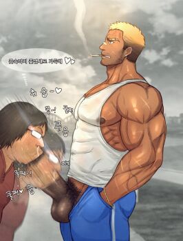 Rule 34 | 2boys, adam's apple, bandaid, bandaid on face, bandaid on nose, bara, beard stubble, biceps, blonde hair, blue pants, blurry, blurry background, bracelet, brown eyes, bulge, censored, cigarette, coco342, covered abs, dark penis, ear piercing, earrings, erection, eyebrow cut, facial hair, fat, fat man, fellatio, freckles, glasses, gradient hair, hand in pocket, highres, huge penis, jewelry, korean text, large pectorals, large variant set, male focus, male pubic hair, mosaic censoring, multicolored hair, multiple boys, muscular, muscular male, mustache stubble, nipples, oral, original, outdoors, pants, pectorals, penis, penis out, piercing, pubic hair, scar, scar on arm, scar on face, short hair, sidepec, smoking, speech bubble, stubble, tank top, testicles, thought bubble, time stop, track pants, translation request, variant set, veins, white tank top, yaoi