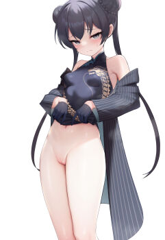 1girl absurdres black_dress black_gloves black_hair black_jacket blue_archive breasts china_dress chinese_clothes cleft_of_venus closed_mouth clothes_lift double_bun dragon_print dress dress_lift female_focus gloves grey_eyes hair_bun highres jacket kisaki_(blue_archive) lifting_own_clothes loli long_hair looking_at_viewer print_dress pussy simple_background sleeveless sleeveless_dress small_breasts solo standing striped_clothes striped_jacket topu twintails uncensored vertical-striped_clothes vertical-striped_jacket white_background