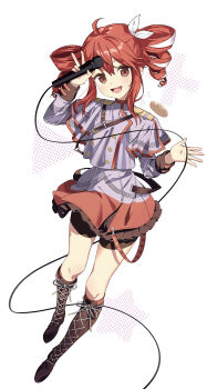 Rule 34 | 1girl, :d, absurdres, ahoge, akaneko016, boots, bread, brown boots, buttons, commentary request, double-breasted, drill hair, food, grey jacket, grey skirt, hair between eyes, hair ribbon, highres, holding, holding microphone, jacket, kasane teto, kasane teto (sv), knee boots, lace-up boots, long sleeves, looking at viewer, microphone, open mouth, red eyes, red hair, red socks, ribbon, simple background, skirt, sleeve cuffs, smile, socks, solo, star (symbol), synthesizer v, twin drills, utau, v, v over head, white background, white ribbon