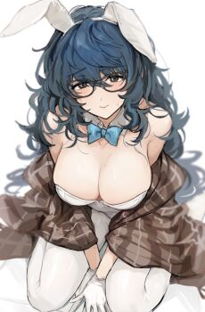1girl akane_(blue_archive) akane_(blue_archive)_(cosplay) akane_(bunny)_(blue_archive) animal_ears aoba_tsumugi bare_shoulders black-framed_eyewear blue_archive blue_bow blue_bowtie blue_hair blush bow bowtie breasts cleavage closed_mouth commentary_request cosplay detached_collar ensemble_stars! fake_animal_ears genderswap genderswap_(mtf) glasses gloves hair_between_eyes highres korean_commentary large_breasts leotard long_hair looking_at_viewer looking_up multicolored_hair nervous_sweating pantyhose playboy_bunny rabbit_ears shawl simple_background sitting smile solo strapless strapless_leotard streaked_hair sweat tsmkwa wariza wavy_hair white_background white_gloves white_leotard white_pantyhose yellow_eyes