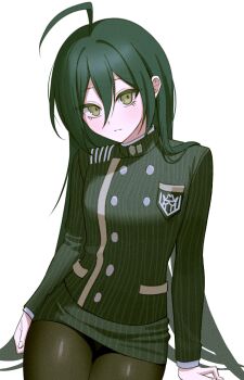 Rule 34 | 1girl, ahoge, black hair, black pantyhose, breast pocket, brown eyes, buttons, closed mouth, commentary request, danganronpa (series), danganronpa v3: killing harmony, double-breasted, genderswap, genderswap (mtf), hair between eyes, highres, jacket, keke (xfxyuio), korean commentary, long hair, long sleeves, miniskirt, pantyhose, pocket, saihara shuichi, simple background, skirt, solo, striped clothes, striped jacket, striped skirt, white background