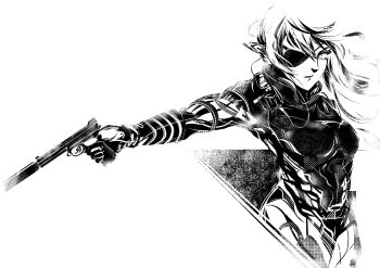 Rule 34 | 1girl, cosplay, eyepatch, floating hair, greyscale, gun, hair behind ear, hair between eyes, handgun, highres, holding, holding gun, holding weapon, long hair, long pointy ears, looking to the side, metal gear (series), metal gear solid v: the phantom pain, monochrome, nijisanji, nijisanji en, one eye covered, pointy ears, pomu rainpuff, solo, suppressor, venom snake, venom snake (cosplay), virtual youtuber, weapon, white background, yuzuki 168