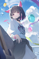 Rule 34 | 1girl, animal ears, balloon, bass guitar, black choker, black hair, black mask, blue archive, blue sky, blunt bangs, blunt ends, blurry, bob cut, bracelet, cat ears, choker, closed mouth, clothes writing, cloud, colored inner hair, commentary, cowboy shot, cumulonimbus cloud, day, depth of field, earclip, earrings, english text, extra ears, eyelashes, halo, highres, hishiki (pixi14719710), instrument, jewelry, kazusa (band) (blue archive), kazusa (blue archive), looking at viewer, mask, mouth mask, multicolored hair, outdoors, pink hair, pink halo, red eyes, shirt, short hair, short sleeves, sidelighting, sky, smile, solo, sparkle, split mouth, straight hair, stud earrings, tsurime, water drop, white shirt