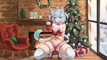 1girl ahoge animal_ears blue_eyes blue_hair blush bondpaint cameltoe cat_ears cat_girl cat_tail chair christmas_tree collar commentary commission crop_top english_commentary fireplace gift highres indie_virtual_youtuber kneeling multicolored_hair nani_(vtuber) open_mouth red_shoes shoes short_hair smile tail thighhighs thong two-tone_hair two_side_up virtual_youtuber white_hair window