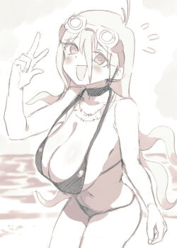 1girl antenna_hair bababaeki00 barbed_wire bikini blush breasts choker commentary_request danganronpa_(series) danganronpa_v3:_killing_harmony eyelashes fingernails flying_sweatdrops goggles goggles_on_head greyscale hair_between_eyes iruma_miu large_breasts long_hair monochrome navel open_mouth smile solo stomach swimsuit w