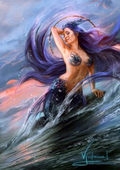 1girl artist_name breasts closed_eyes cloud day eyeshadow inna_vjuzhanina long_hair makeup medium_breasts mermaid monster_girl navel ocean original outdoors purple_eyeshadow purple_hair signature solo water watermark web_address