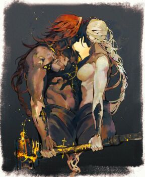 1boy 1girl bare_shoulders black_sarong blonde_hair braid breasts cropped_legs elden_ring gold_aura hammer heads_together holding holding_hammer ht7145394 husband_and_wife king long_braid long_hair looking_at_another muscular muscular_male queen queen_marika_the_eternal radagon_of_the_golden_order red_hair robe sarong single_braid topless_female topless_male yellow_eyes