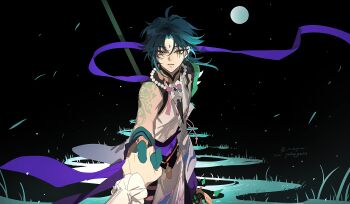 2boys absurdres ahoge arm_tattoo armor asymmetrical_clothes bead_necklace beads black_gloves black_hair chinese_commentary detached_sleeves eyeshadow facial_mark falling_leaves forehead_mark frilled_sleeves frills full_moon genshin_impact gloves grass green_gloves green_hair hair_between_eyes highres holding holding_hands holding_polearm holding_weapon implied_yaoi jewelry kayu_(yukagoin) leaf long_hair long_sleeves looking_at_viewer makeup male_focus moon multicolored_hair multiple_boys necklace night night_sky open_mouth out_of_frame outdoors parted_bangs parted_lips pendant polearm pov pov_hands primordial_jade_winged-spear_(genshin_impact) purple_ribbon purple_sash red_eyeshadow ribbon river sash shirt short_hair_with_long_locks shoulder_armor shoulder_pads shoulder_spikes sidelocks simple_background single_bare_shoulder single_detached_sleeve sky sleeveless sleeveless_shirt slit_pupils solo_focus spear spikes standing star_(sky) starry_sky tassel tattoo twitter_username two-tone_hair venti_(genshin_impact) water weapon white_shirt wide_sleeves xiao_(genshin_impact) yellow_eyes