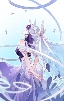 1girl alternate_costume arms_behind_back bare_shoulders black_hair closed_eyes columbina_(genshin_impact) dress eye_mask floating_clothes floating_hair genshin_impact head_back head_wings holding_own_arm long_hair mask multicolored_hair purple_hair solo sparkle streamers vial viviwi white_dress wings