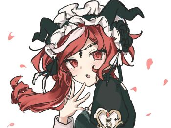 1girl :o agatdg black_dress black_flower black_horns black_rose dress falling_petals fiona_gilman fiona_gilman_(crimson) floating_hair flower goat_horns hand_on_own_chin head_chain highres horns identity_v jewelry light_blush low_drills maid_headdress official_alternate_costume petals portrait red_eyes red_hair red_petals rose side_ponytail solo