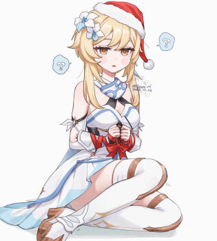 1girl ? blonde_hair bloomers blush_stickers boots bound bound_wrists commentary_request dated dress earrings feather_earrings feather_hair_ornament feathers flower genshin_impact hair_flower hair_ornament hat highres jewelry lumine_(genshin_impact) paimon_(genshin_impact) parted_lips q_(oshikuraq) red_ribbon ribbon santa_hat scarf short_hair_with_long_locks sitting solo spoken_question_mark sweatdrop thigh_boots twitter_username underwear white_background white_bloomers white_boots white_dress white_flower white_scarf yellow_eyes yokozuwari