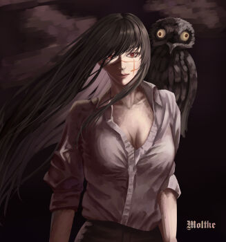 1girl absurdres black_hair breasts chainsaw_man facial_scar grey_shirt highres large_breasts looking_at_viewer moltke_(moltke_von) red_eyes scar scar_on_cheek scar_on_face scar_on_nose shirt shirt_tucked_in war_devil_(chainsaw_man) yoru_(chainsaw_man)