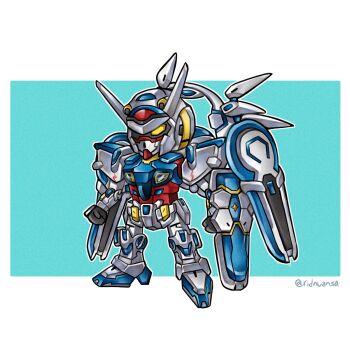 Rule 34 | chibi, g-self, g-self perfect pack, glowing, glowing eyes, gundam, gundam g no reconguista, highres, mecha, mecha focus, mobile suit, no humans, ridnuansa, robot, science fiction, simple background, solo, twitter username, v-fin