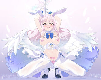 1girl absurdres angel_wings animal_ear_hairband animal_ears armpits arms_up blue_archive breasts commentary_request detached_collar fake_animal_ears fake_tail feathered_wings full_body gloves hair_bun hairband half_gloves halo heart_maebari heart_pasties highres hiphighs large_breasts long_hair looking_at_viewer low_wings maebari mika_(blue_archive) niko_(tama) pasties pink_halo pubic_tattoo pussy_juice rabbit_ear_hairband rabbit_ears revealing_clothes reverse_bunnysuit reverse_outfit single_side_bun solo spread_legs squatting tail tattoo white_gloves white_hiphighs white_wings wings