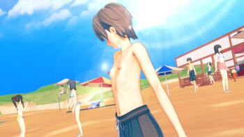 1boy 3d 6+girls artist_request beach bikini blue_male_swimwear blue_sky blue_swim_trunks blurry blurry_background blush crossdressing drawstring flat_chest grey_eyes grey_hair highres idolmaster idolmaster_cinderella_girls male_swimwear male_swimwear_challenge multiple_girls nipples otokura_yuuki reverse_trap sand sky source_request standing swim_trunks swimsuit tagme topless_female
