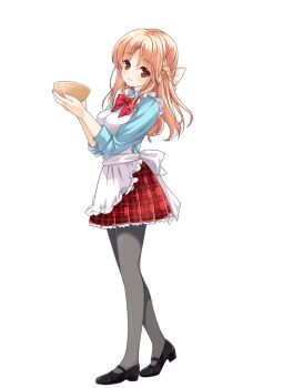 1girl apron black_pantyhose black_shoes blue_shirt bow bowtie brown_eyes brown_hair chawan full_body girlfriend_(kari) hair_bow high_heels looking_at_viewer miniskirt official_art pantyhose plaid_clothes plaid_skirt pleated_skirt pumps qp:flapper red_bow red_bowtie red_skirt sasahara_nonoka school_uniform shirt shoes simple_background skirt sleeves_rolled_up smile solo standing thighs transparent_background white_apron yellow_bow