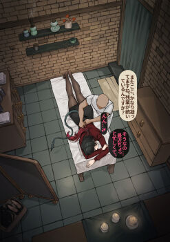 1boy 1girl animal_ears black_hair black_pantyhose black_shoes black_skirt faceless faceless_male fixed-point_camera frozen_spider_lily gradient_hair high_heels highres indoors jane_doe_(zenless_zone_zero) long_hair massage massage_table mouse_ears mouse_girl mouse_tail multicolored_hair paid_reward_available pantyhose pencil_skirt red_hair red_shirt shirt shoes skirt solo speech_bubble tail tile_floor tiles translated two-tone_hair white_shirt zenless_zone_zero