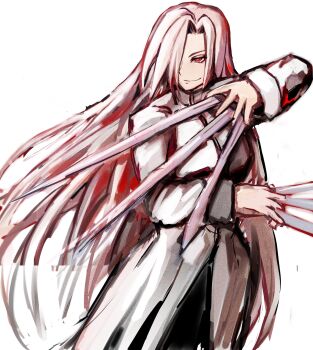 1girl absurdres alternate_color black_keys_(type-moon) dress fighting_stance hair_over_one_eye highres holding holding_weapon long_hair looking_at_another narbareck no_01r nun red_eyes smile tsukihime tunic upper_body wavy_hair weapon white_background white_dress