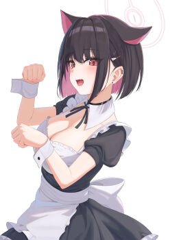 1girl absurdres alternate_costume animal_ears apron back_bow black_dress black_hair blue_archive bow breasts cat_ears cleavage colored_inner_animal_ears colored_inner_hair detached_collar dress enmaided extra_ears fang frilled_dress frills hair_ornament hairpin halo highres kazusa_(blue_archive) looking_at_viewer maid medium_breasts multicolored_hair open_mouth paw_pose pige_pig pink_eyes pink_halo puffy_short_sleeves puffy_sleeves short_hair short_sleeves simple_background solo waist_apron white_apron white_background white_wrist_cuffs wrist_cuffs
