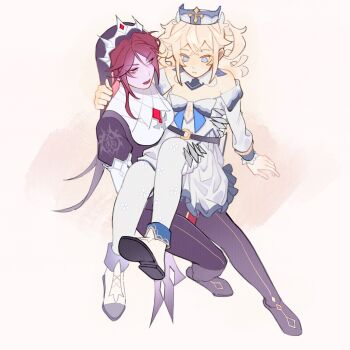 Rule 34 | 2girls, barbara (genshin impact), bare shoulders, black pantyhose, blonde hair, blue eyes, carrying, commentary, detached sleeves, dress, genshin impact, grey background, hat, highres, long sleeves, multiple girls, pantyhose, princess carry, puffy sleeves, red hair, rosaria (genshin impact), shoes, tiara, twintails, ulaaz, white dress, white pantyhose, white shoes