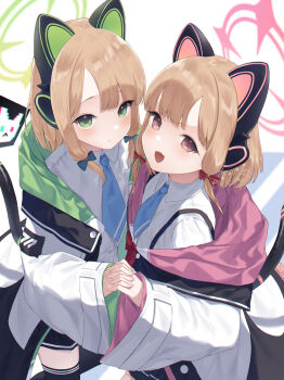 2girls absurdres animal_ears blonde_hair blue_archive blue_necktie cat_ears collared_shirt commentary_request fake_animal_ears green_eyes highres holding_hands jacket kanae_(inorin05kanae) looking_at_viewer midori_(blue_archive) momoi_(blue_archive) multiple_girls necktie open_mouth pink_eyes shirt short_hair white_jacket white_shirt