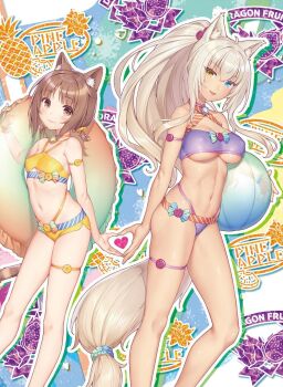 2girls animal_ear_fluff animal_ears arm_strap azuki_(nekopara) ball beachball bell bikini blonde_hair breasts brown_hair cat_ears cat_tail coconut_(nekopara) collar covered_erect_nipples cropped eyes_out_of_frame flip-flops grey_background head_out_of_frame heart heart_hands heart_hands_duo highres innertube jingle_bell large_breasts long_hair multiple_girls nail_polish navel neck_bell nekopara non-web_source official_art parted_lips sandals sayori_(neko_works) short_hair sidelocks simple_background smile stomach swim_ring swimsuit tail tail_scrunchie thigh_strap toenail_polish toenails toned