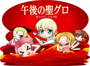 Rule 34 | 5girls, ;), assam (girls und panzer), bikini, black ribbon, blonde hair, blush, bow, bow bikini, braid, brown eyes, brown hair, chinpui (chinpui02), closed eyes, commentary request, cross-laced bikini, cross-laced clothes, cup, darjeeling (girls und panzer), drinking, flower, girls und panzer, hair flower, hair ornament, hair over shoulder, hair ribbon, highres, holding, holding cup, holding swim ring, innertube, long hair, looking at viewer, medium hair, multiple girls, one eye closed, open mouth, orange hair, orange pekoe (girls und panzer), pink bikini, red bikini, red hair, ribbon, rosehip (girls und panzer), rukuriri (girls und panzer), short hair, single braid, smile, swim ring, swimming, swimsuit, transparent background