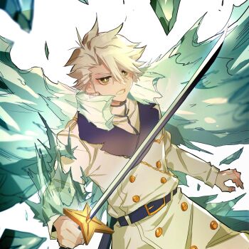 1boy absurdres bankai belt black_belt bleach buttons chain clenched_teeth coat collared_coat cryokinesis daiguren_hyourinmaru_(bankai) double-breasted fur_collar gold_chain green_eyes hair_between_eyes highres hitsugaya_toushirou holding holding_sword holding_weapon ice ice_wings long_coat looking_at_viewer male_focus official_alternate_costume shirt solo sword teeth wandenreich_uniform weapon white_background white_coat white_hair white_shirt wings xi_luo_an_ya zanpakutou