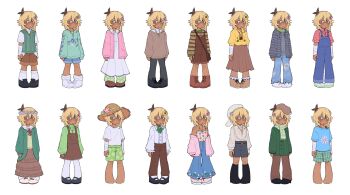 1boy alternate_costume alternate_skin_color antenna_hair bag bandaged_arm bandages barefoot basil_(faraway)_(omori) basil_(omori) black_pants black_shoes blonde_hair blue_eyes blue_pants blue_shirt blue_shorts boots brown_bag brown_boots brown_hat brown_overalls brown_pants brown_shoes brown_shorts brown_skirt brown_sweater cardigan chibi chibi_only collared_shirt commentary crescent crescent_necklace crossdressing crossdressing_(mtf) dark-skinned_male dark_skin denim donuqx double-parted_bangs dress english_commentary facial_scar flower green_cardigan green_sweater green_sweater_vest green_swim_trunks grey_jacket grey_shorts hair_between_eyes hair_flower hair_ornament handbag hat highres hood hood_down hooded_jacket hoodie jacket jeans jewelry loafers long_skirt long_sleeves looking_at_viewer male_focus multicolored_hair multiple_scars necklace omori open_cardigan open_clothes open_jacket overall_shorts overall_skirt overalls pants pantyhose parted_lips pink_cardigan plaid_clothes plaid_shirt pleated_skirt red_shirt red_sweater roots_(hair) scar scar_on_cheek scar_on_face shirt shirt_under_sweater shoes short_hair short_sleeves shorts sidelocks simple_background skirt sneakers socks solo striped_clothes striped_jacket striped_sweater sun_hat sunflower sweater sweater_vest t-shirt torn_clothes torn_jeans torn_pants turtleneck turtleneck_sweater two-tone_sweater white_background white_dress white_hat white_pantyhose white_shirt white_shoes white_socks white_sweater yellow_hoodie