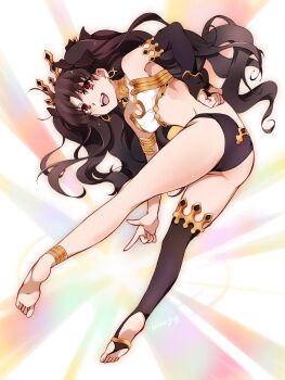 1girl black_hair breasts commentary_request earrings fate/grand_order fate_(series) hair_ribbon highres hoop_earrings ishtar_(fate) jewelry long_hair looking_at_viewer medium_breasts open_mouth red_eyes ribbon single_thighhigh smile sonna877san thighhighs two_side_up