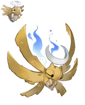 animal_focus bairizuomeng blue_fire bug commentary crescent_halo fire floating full_body gen_3_pokemon ghost halo highres looking_at_viewer nintendo no_humans pokemon pokemon_(creature) pokemon_focus reference_inset shedinja simple_background solo symbol-only_commentary white_background