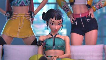 baronstrap couch fingerless_gloves gloves jewelry kpop_demon_hunters looking_at_viewer makeup mira_(kpop_demon_hunters) rumi_(kpop_demon_hunters) shorts sitting skirt zoey_(kpop_demon_hunters)