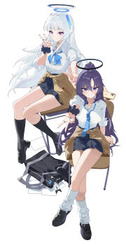 Rule 34 | 2girls, absurdres, alternate costume, arm at side, bag, bag charm, black halo, black shoes, black skirt, black socks, blue archive, blue bow, blue bowtie, blue eyes, blue halo, blue nails, blue necktie, blue scrunchie, blush, bow, bowtie, breasts, brown cardigan, cardigan, cardigan around waist, cellphone, chair, character charm, charm (object), closed mouth, clothes around waist, collared shirt, commentary, crossed legs, desk, doodle sensei (blue archive), double v, evelyn (evelyn s072), fingernails, floating hair, gyaru, gyaru v, hair between eyes, halo, hands up, headgear, high ponytail, highres, iphone, jewelry, kneehighs, kogal, loafers, long fingernails, long hair, looking at viewer, loose bowtie, loose necktie, loose socks, medium breasts, miniskirt, multicolored halo, multiple girls, multiple rings, nail polish, necktie, noa (blue archive), on chair, on desk, paper, phone, pleated skirt, ponytail, purple eyes, purple hair, purple nails, red pupils, ring, school bag, school chair, school desk, school uniform, scrunchie, sensei (blue archive), shirt, shoes, sidelocks, simple background, single shoe, sitting, skirt, sleeves pushed up, smartphone, socks, three-quarter sleeves, two-tone halo, unworn shoes, v, v-shaped eyebrows, very long hair, white background, white hair, white halo, white shirt, white socks, wrist scrunchie, yuuka (blue archive)