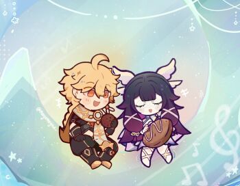 Rule 34 | 1boy, 1girl, aether (genshin impact), ahoge, black hair, blonde hair, blush, braid, bread, chibi, closed eyes, columbina (genshin impact), cookie, food, genshin impact, head wings, mayu (mayomayow), smile, wings